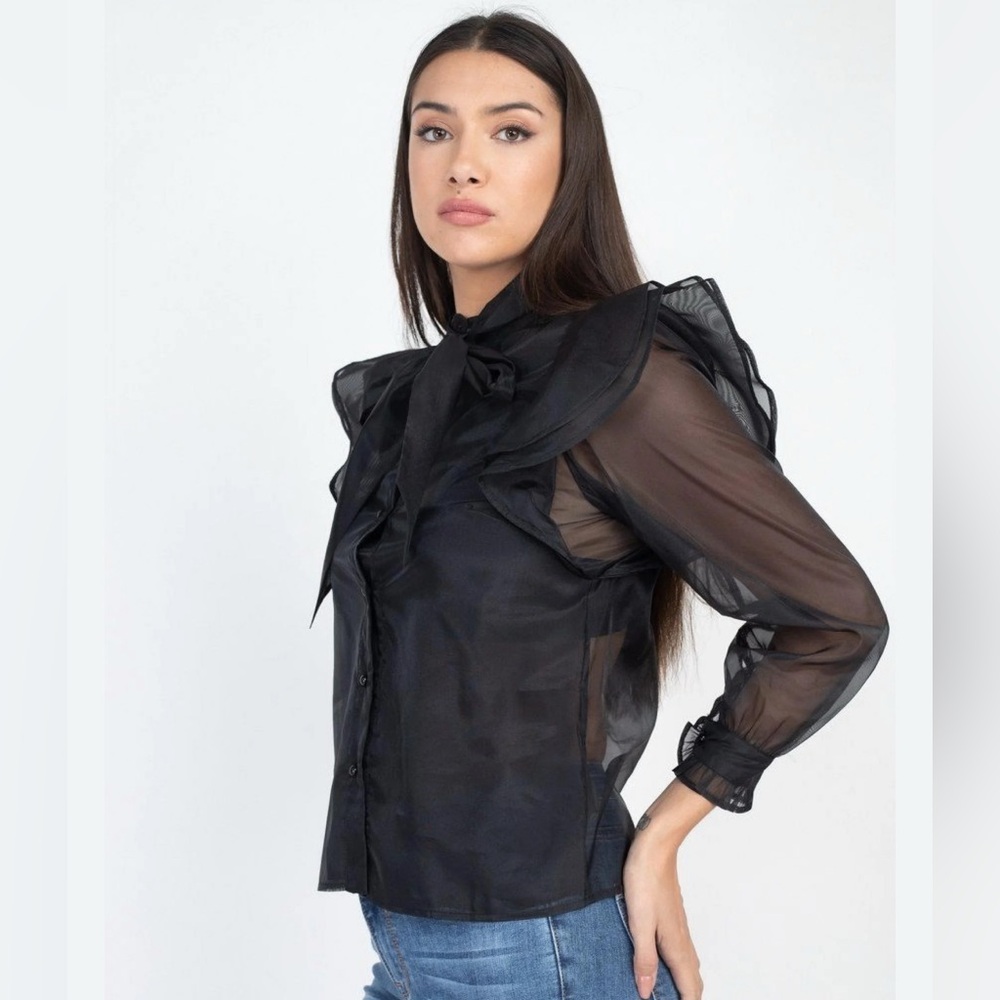 Black semi-sheer chiffon blouse with a bow tie neck and ruffled trim